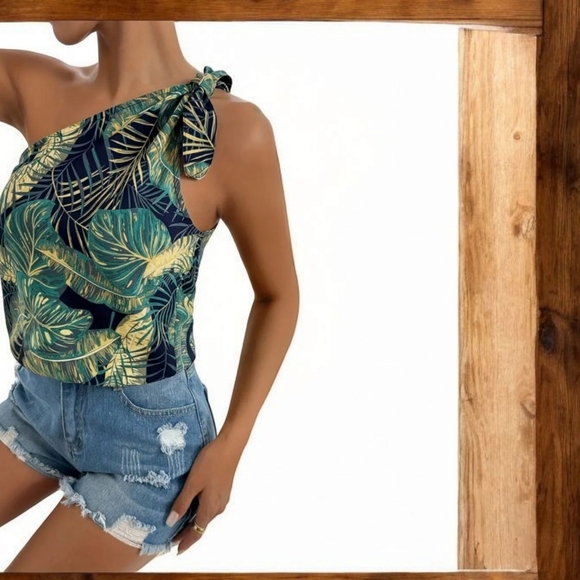 New! One-Shoulder Leaf Print Blouse – Sleeveless Vacation Top Sz Xlarge - Picture 3 of 7